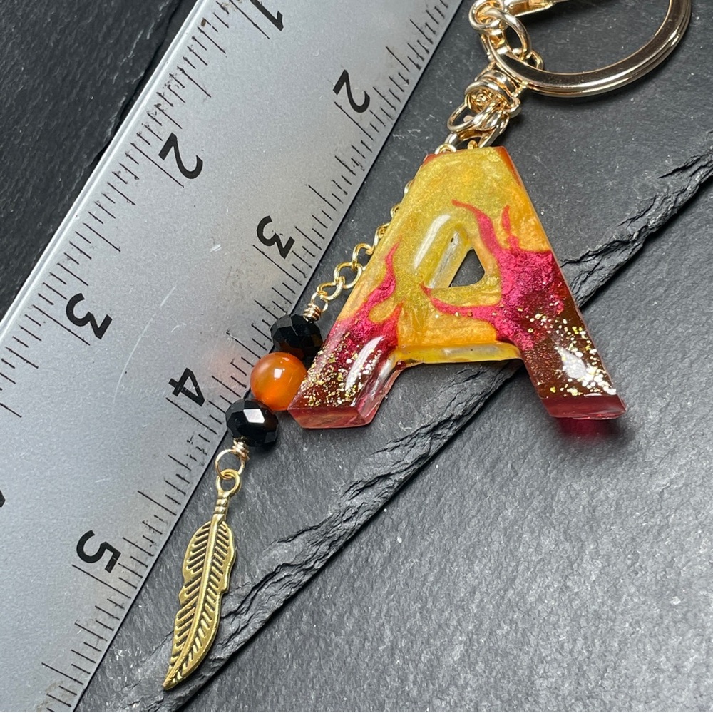 Custom Flaming Letter “A” Keychain with Carnelian Crystal And Gold Feather Charm - Picture 8 of 10